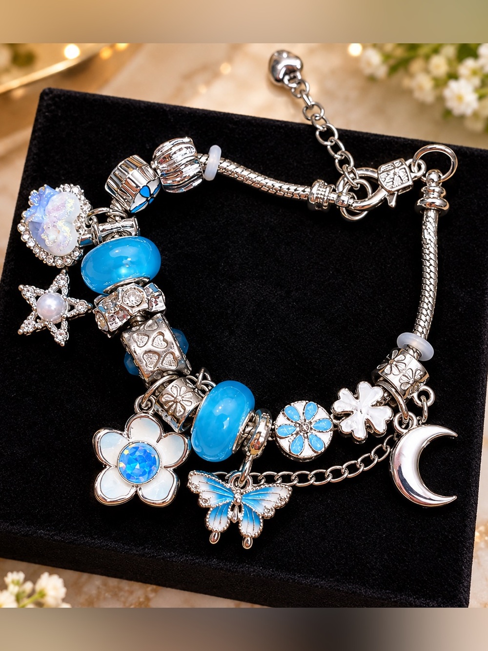 Silver Tone Blue Charm Bracelet Butterfly Flower Moon Heart Beads Pandora Style